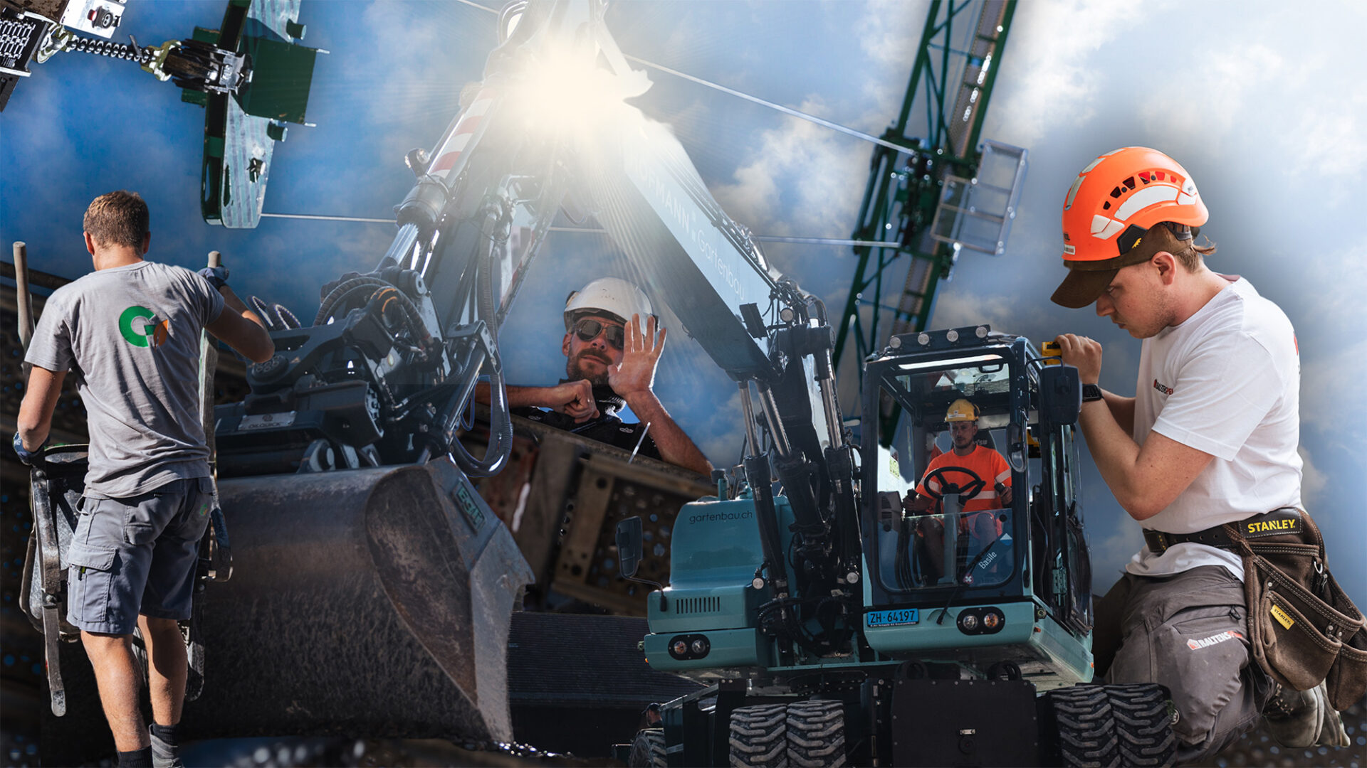 Arbeiter mit Baumaschinen auf der Baustelle.